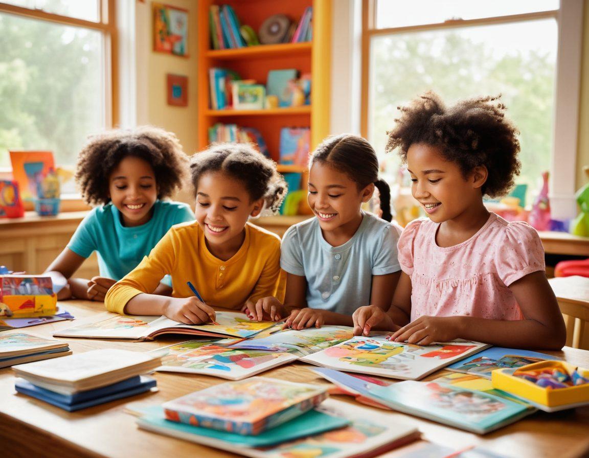 A colorful home classroom scene illustrating children engaged in fun learning activities, surrounded by educational toys, vibrant posters, and art supplies. The atmosphere should be lively and inviting, with natural light streaming in through a window, creating a warm and cheerful environment. Include children of diverse backgrounds collaborating on a creative project. A whimsical touch can be added with floating books and playful illustrations in the background. vibrant colors. super-realistic.